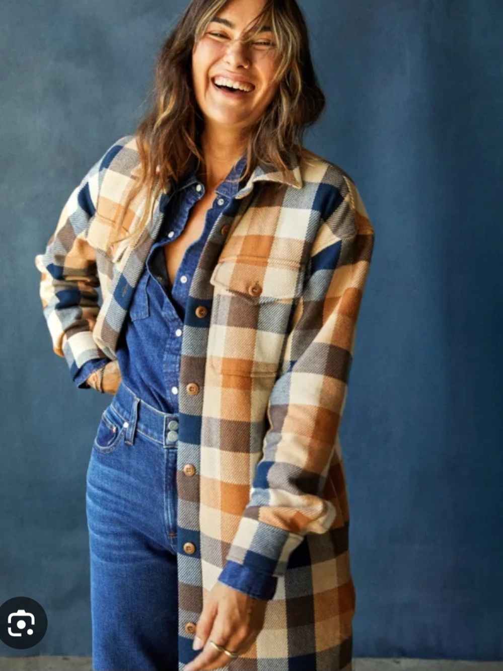 Old Navy NWOT L Plaid Longline Shacket in Blue & Tan